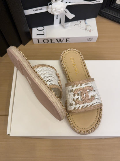 White Beige Chain Braided Slides
