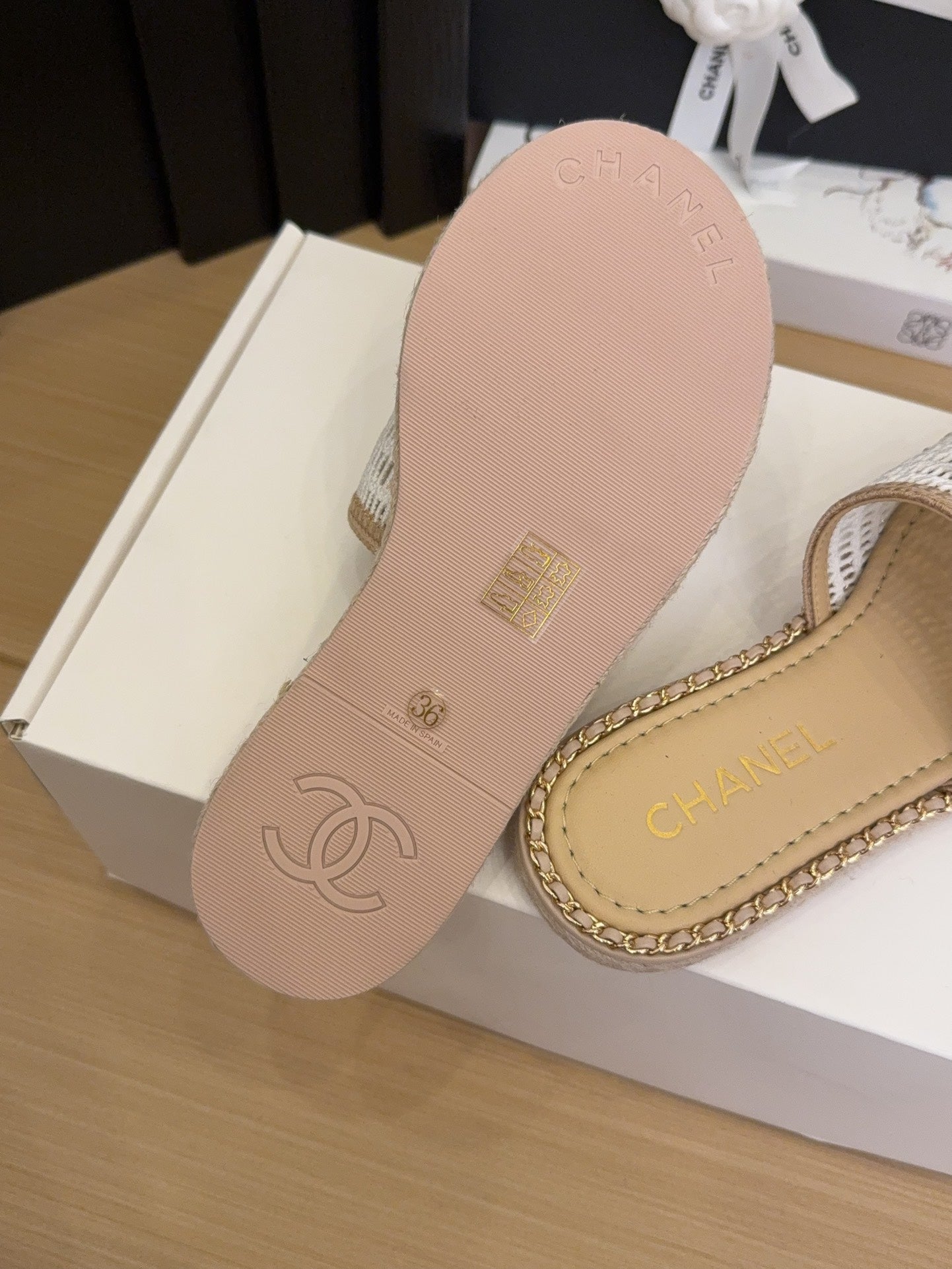 White Beige Chain Braided Slides