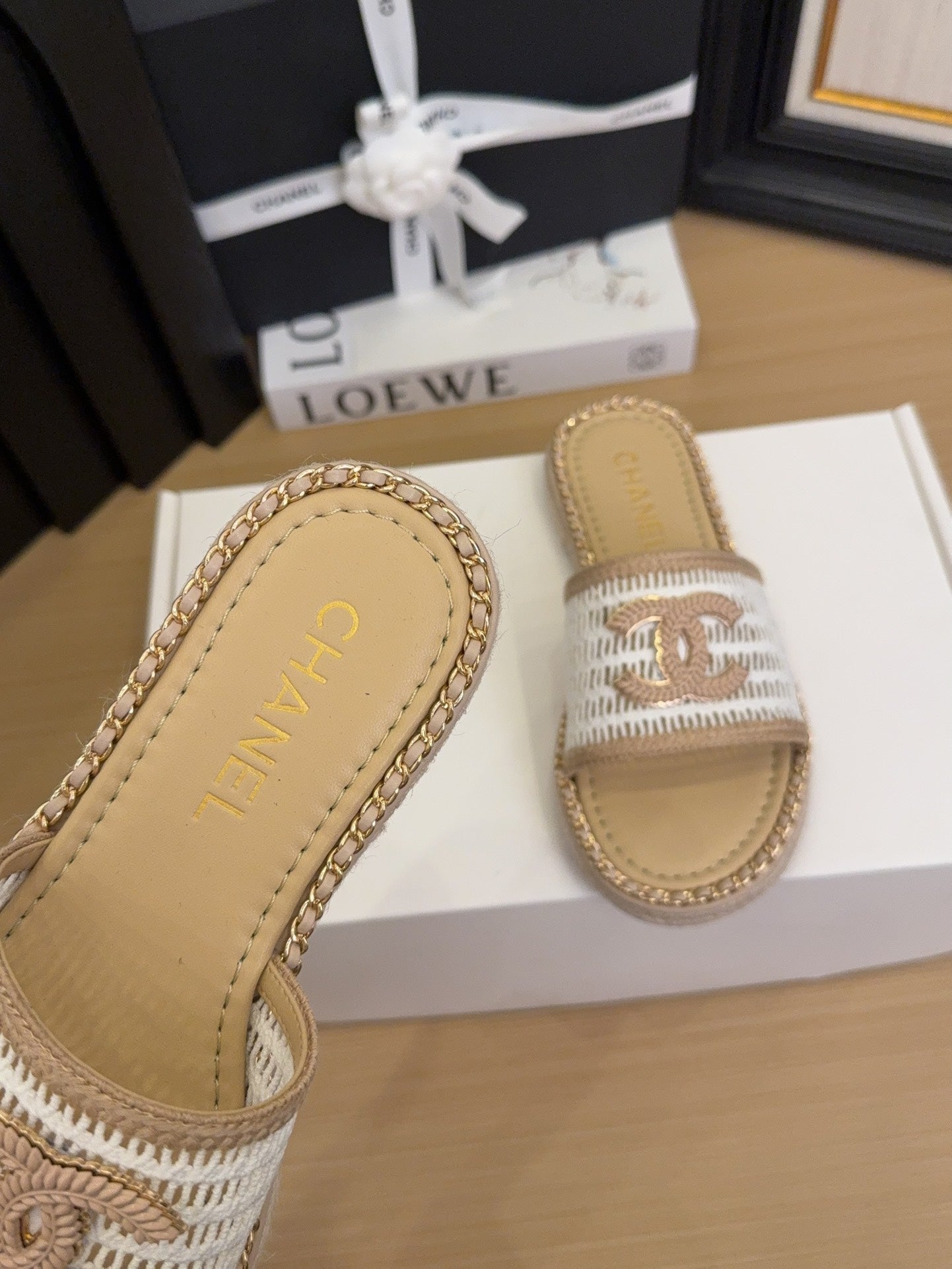 White Beige Chain Braided Slides
