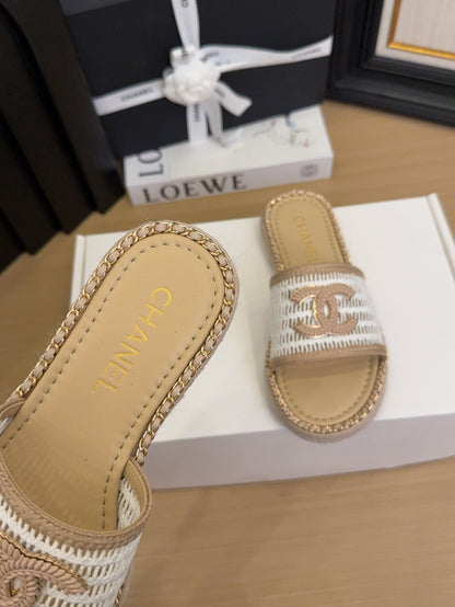 White Beige Chain Braided Slides