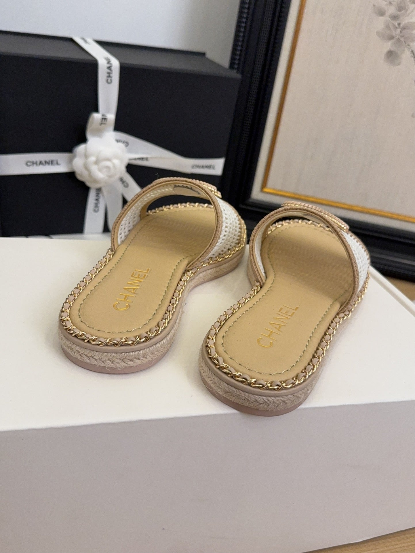 White Beige Chain Braided Slides