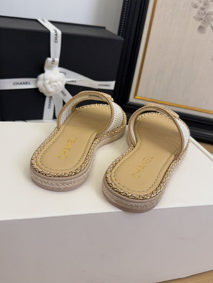 White Beige Chain Braided Slides