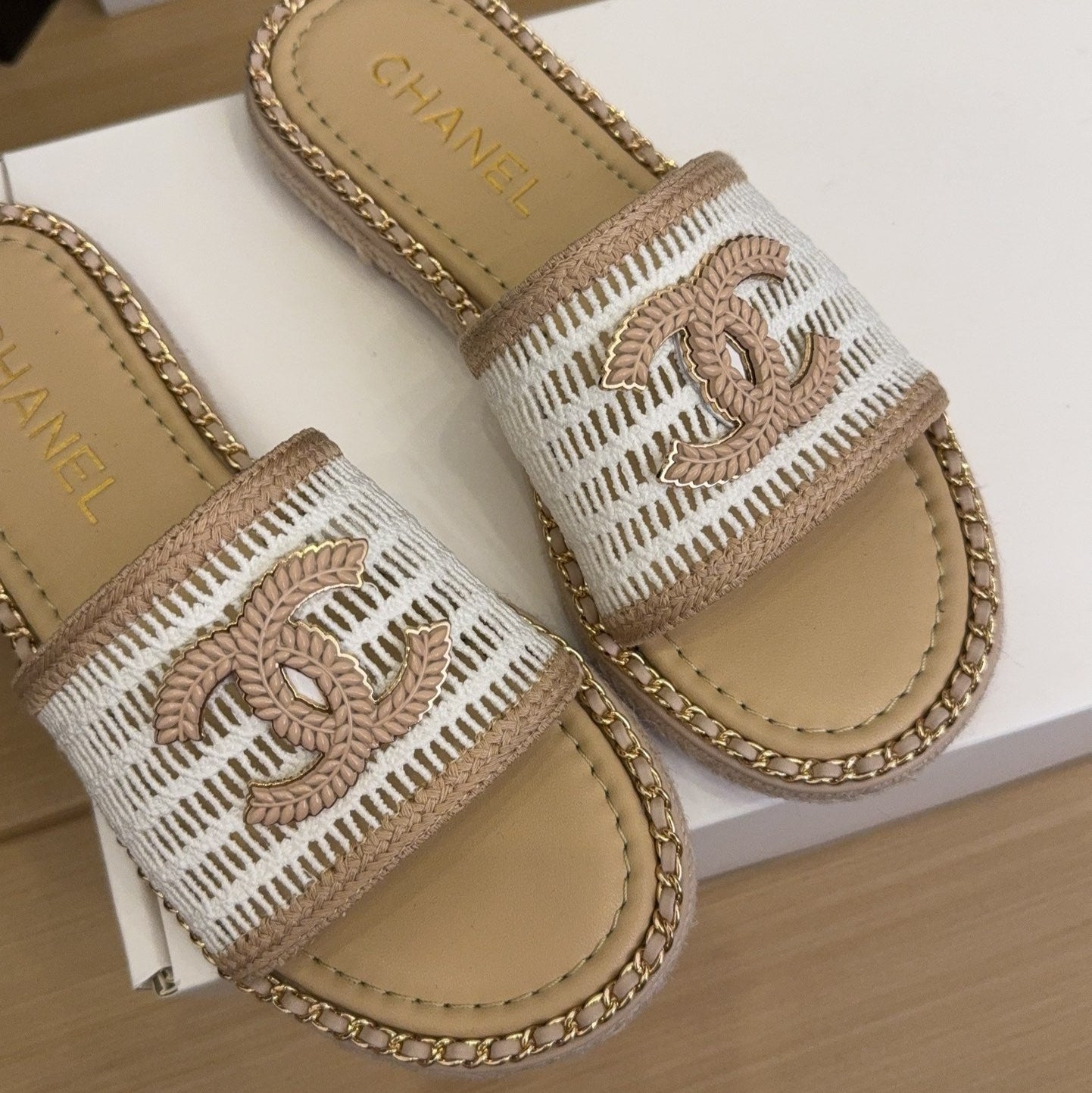 White Beige Chain Braided Slides