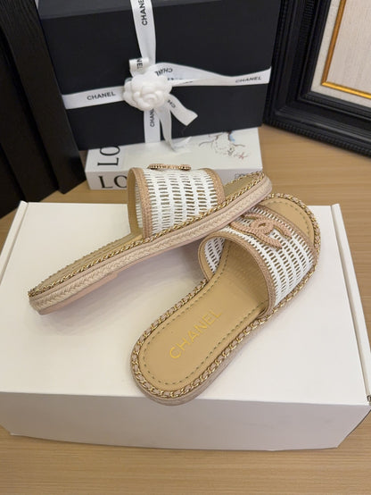White Beige Chain Braided Slides