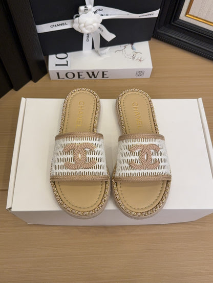 White Beige Chain Braided Slides