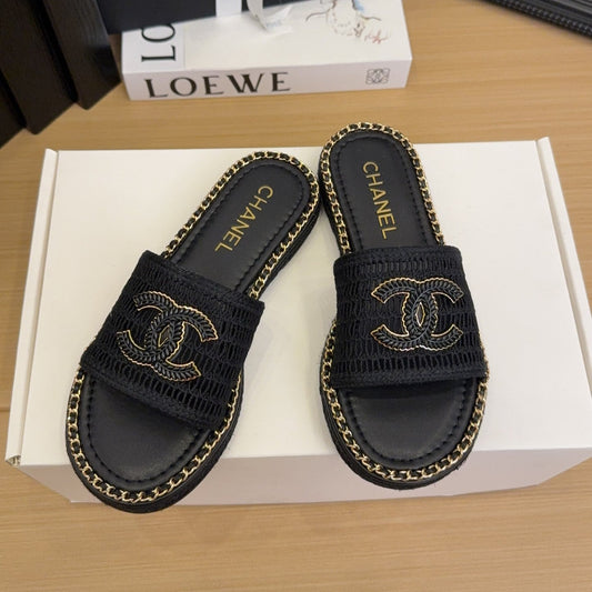 Black Gold Chain Braided Slides
