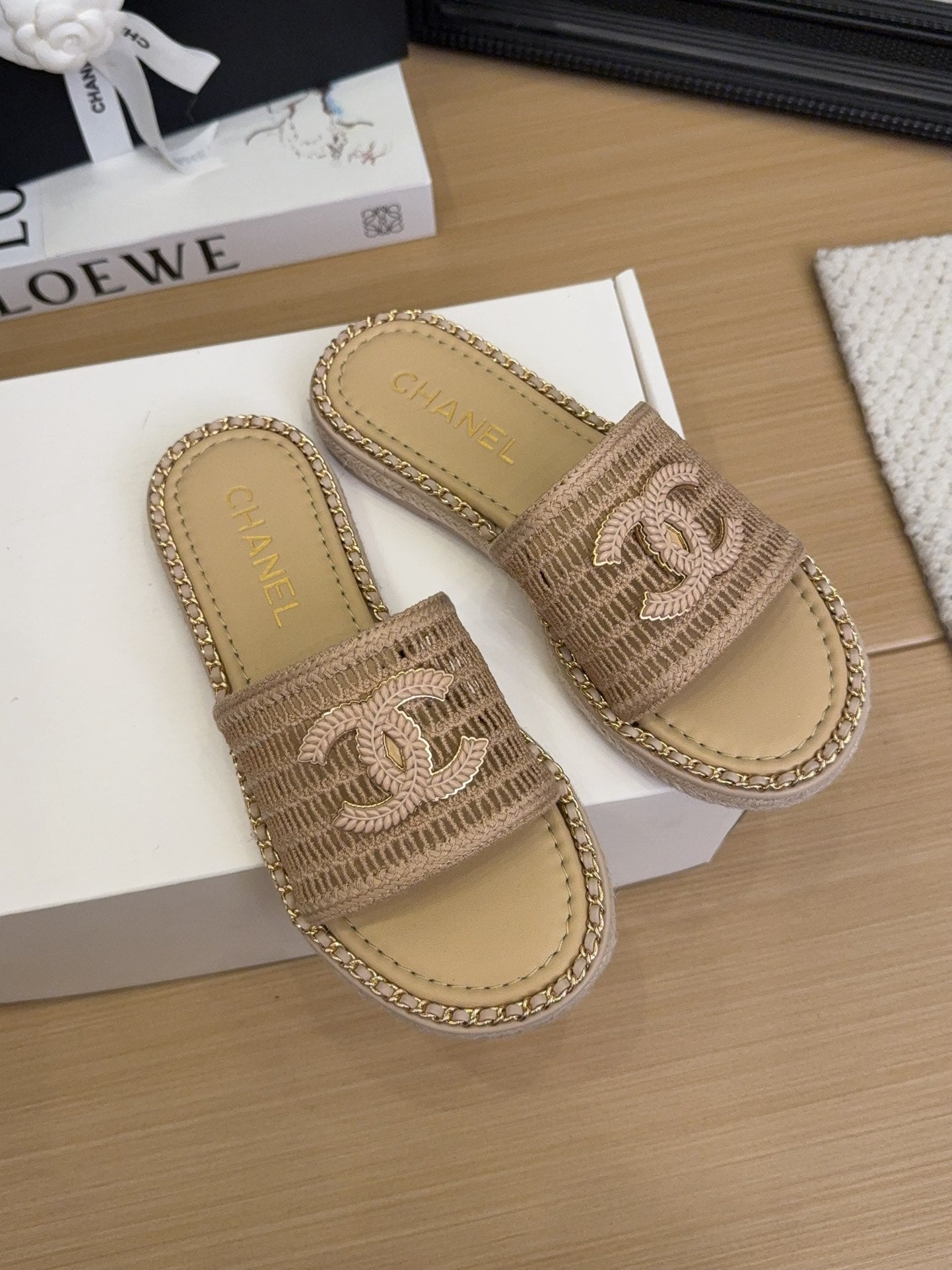 Tan Beige Chain Braided Slides