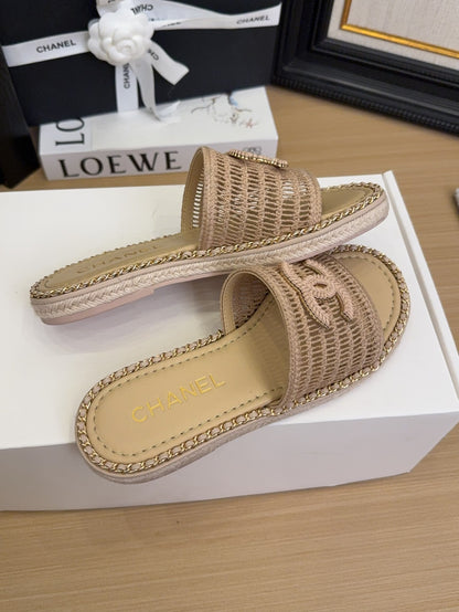 Tan Beige Chain Braided Slides