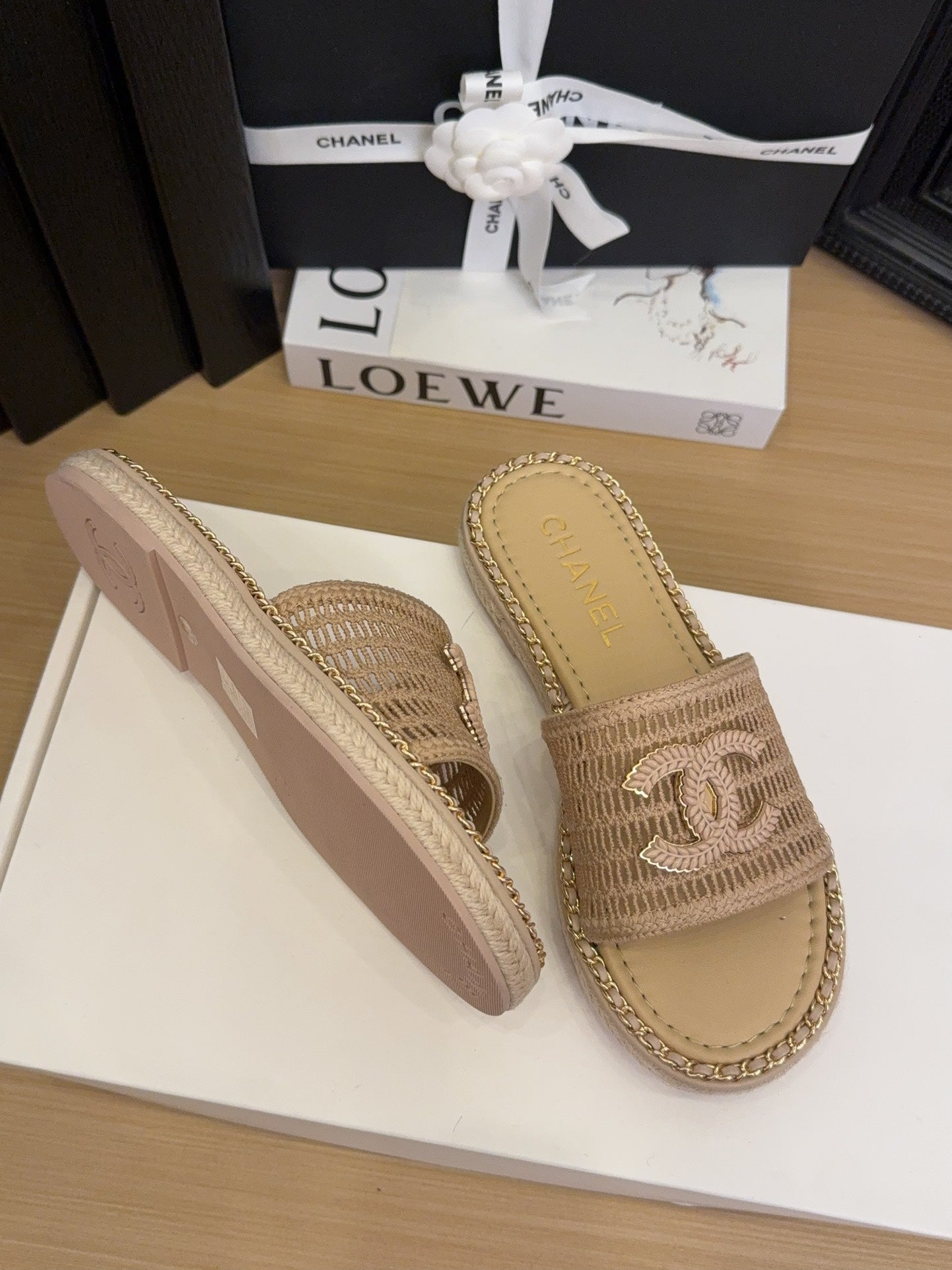 Tan Beige Chain Braided Slides