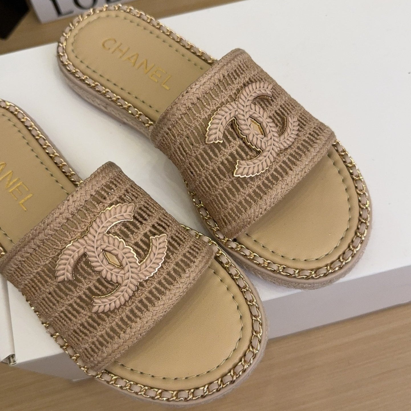 Tan Beige Chain Braided Slides