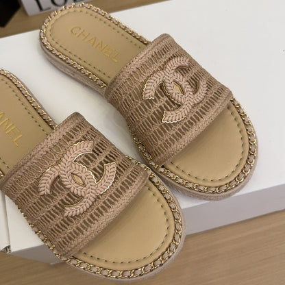 Tan Beige Chain Braided Slides