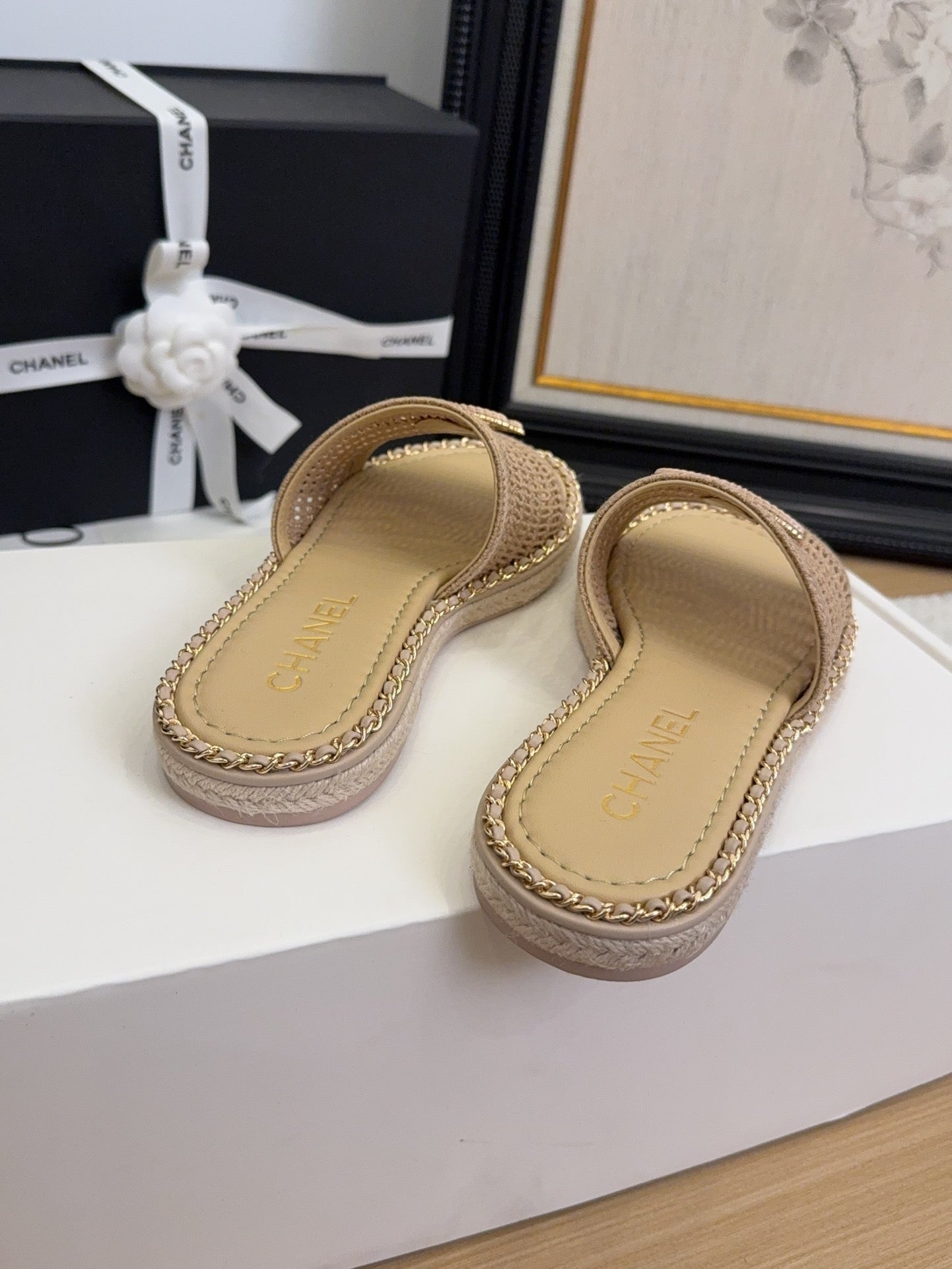Tan Beige Chain Braided Slides