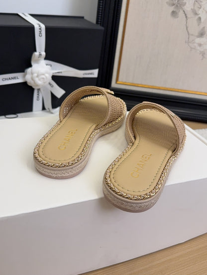 Tan Beige Chain Braided Slides