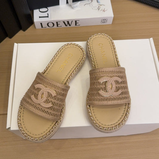 Tan Beige Chain Braided Slides