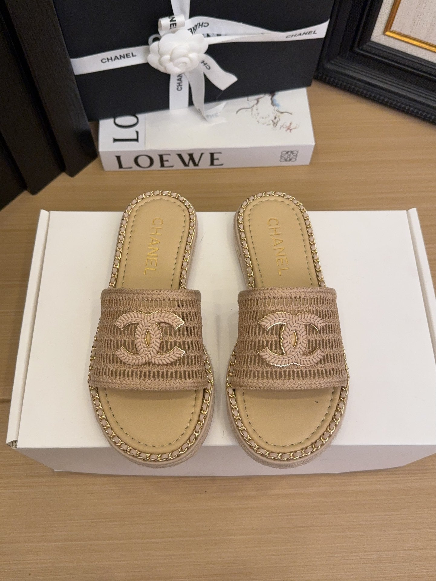 Tan Beige Chain Braided Slides