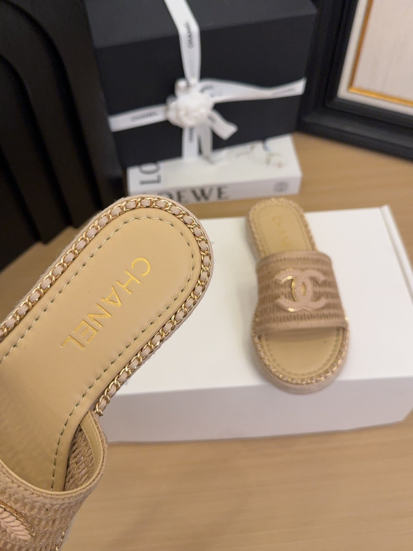 Tan Beige Chain Braided Slides