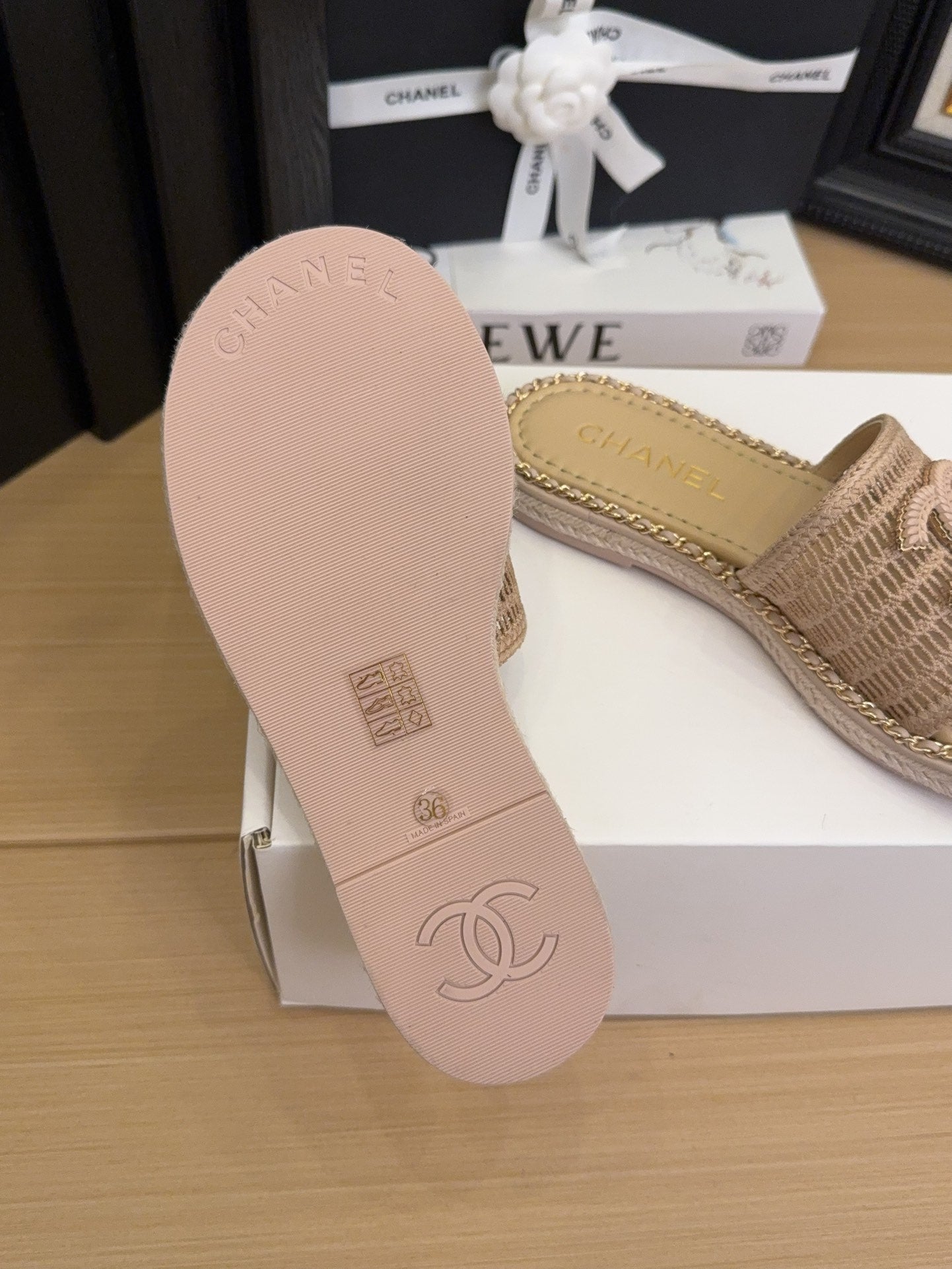Tan Beige Chain Braided Slides
