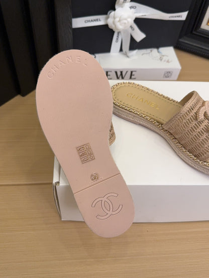 Tan Beige Chain Braided Slides