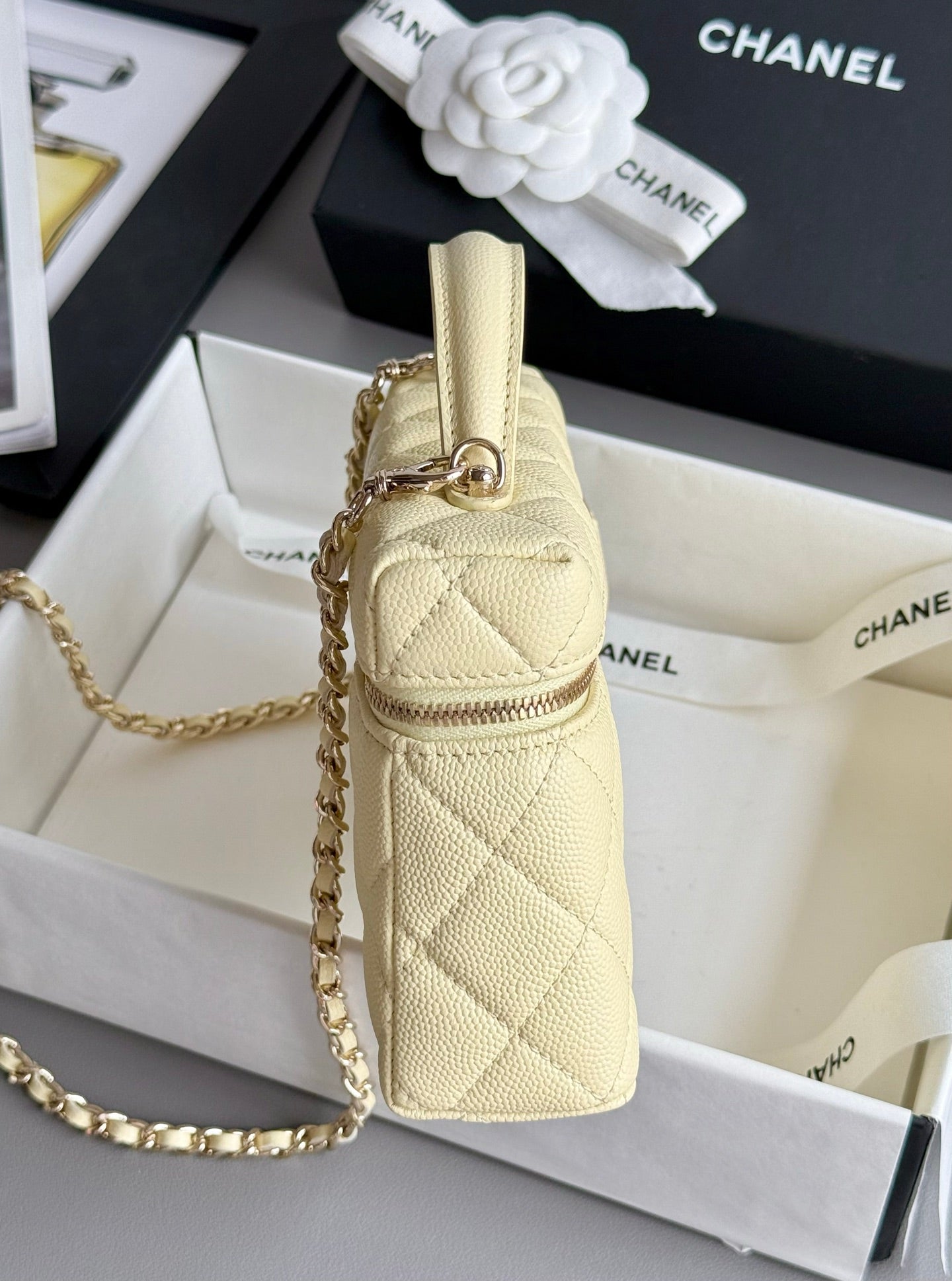 Yellow Caviar Leather Top Handle Vanity Bag - Level 5