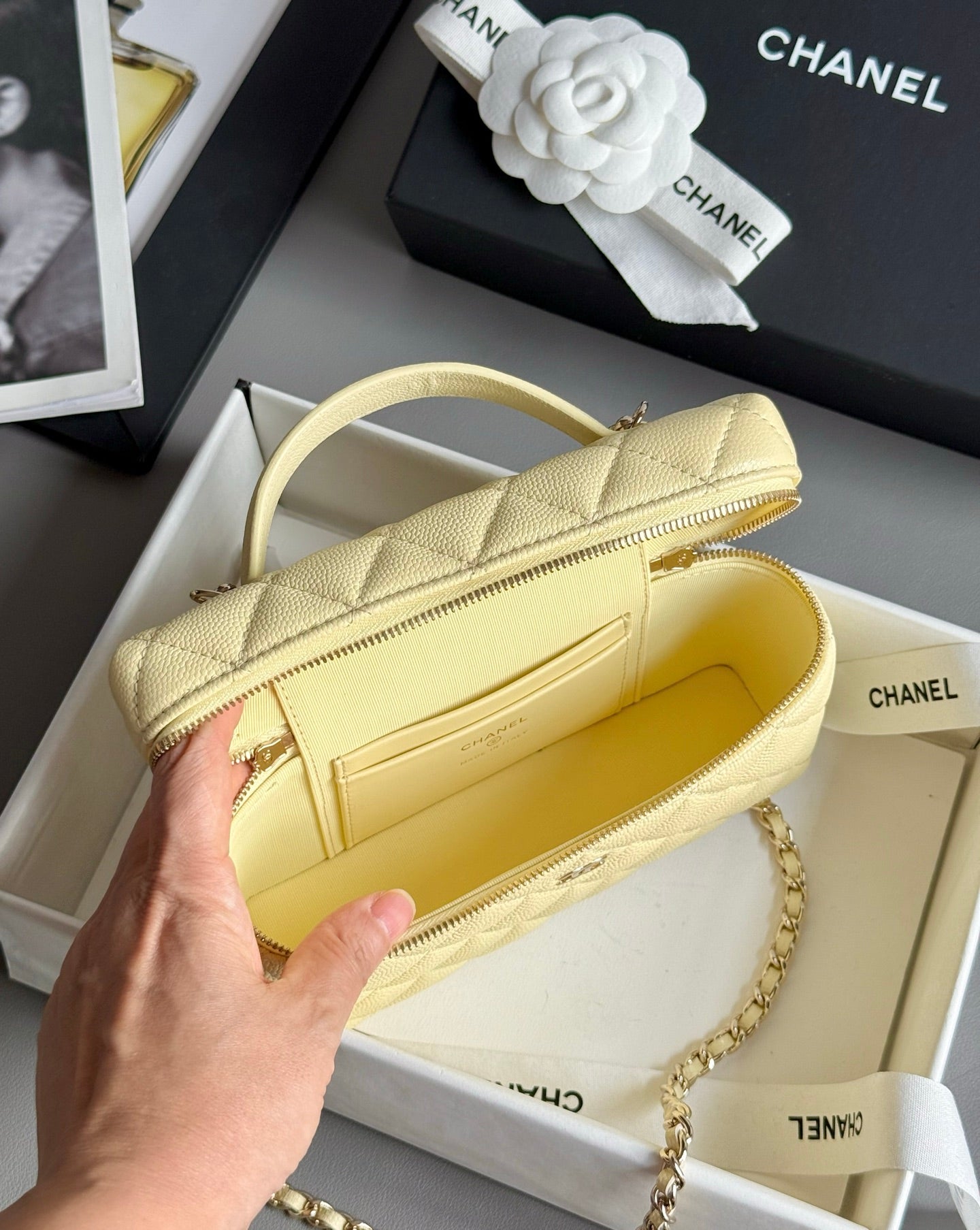 Yellow Caviar Leather Top Handle Vanity Bag - Level 5