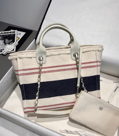 Medium White Striped Canvas Deauville Tote Bag - Level 5