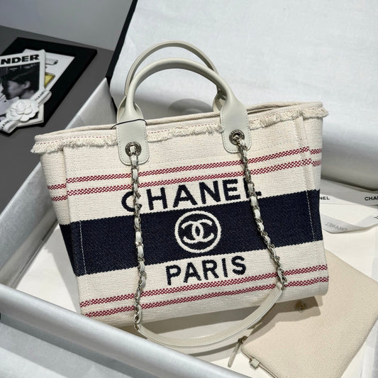 Medium White Striped Canvas Deauville Tote Bag - Level 5
