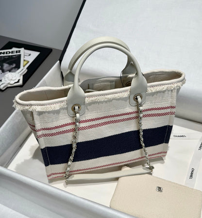 Medium White Striped Canvas Deauville Tote Bag - Level 5